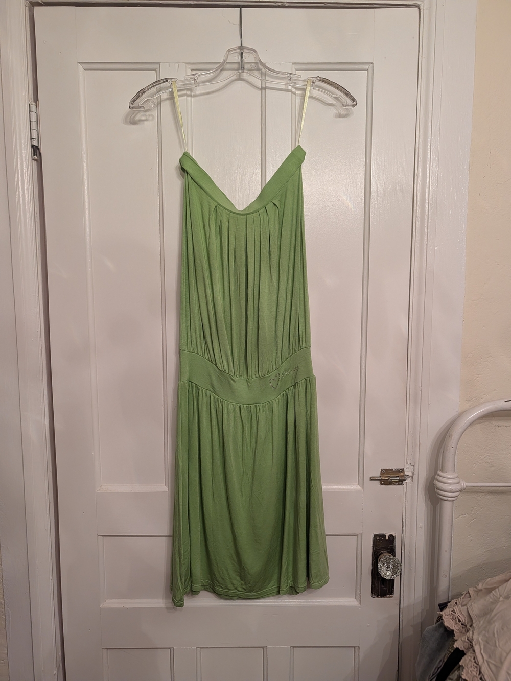 New Vintage Y2K Fiorucci Safety Jeans Green Halter Mini Dress Rhinestone Heart